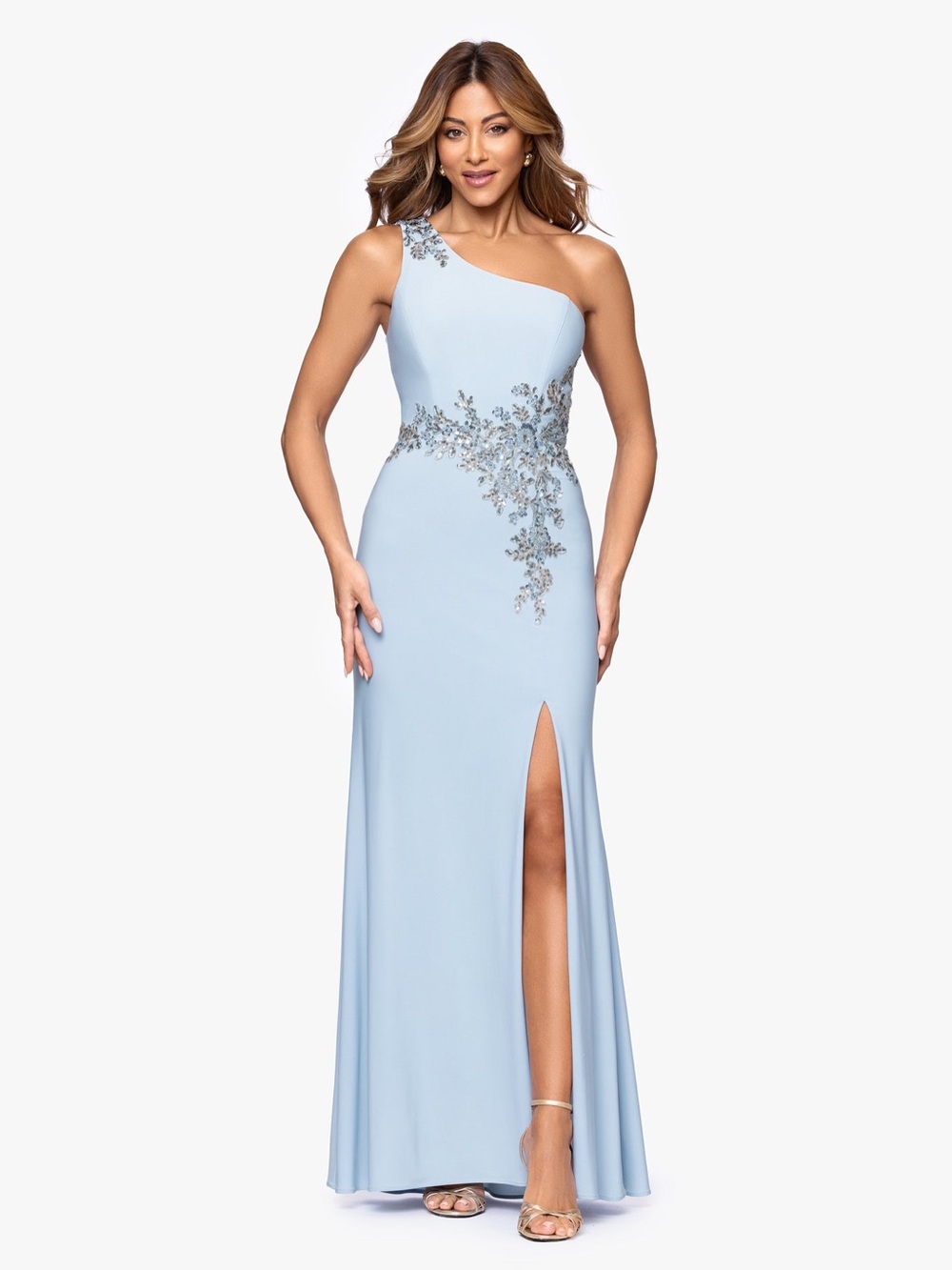Xscape Blue One Shoulder Embroidered Gown SZ 4P Petite Formal Dress NWT GALA MOB